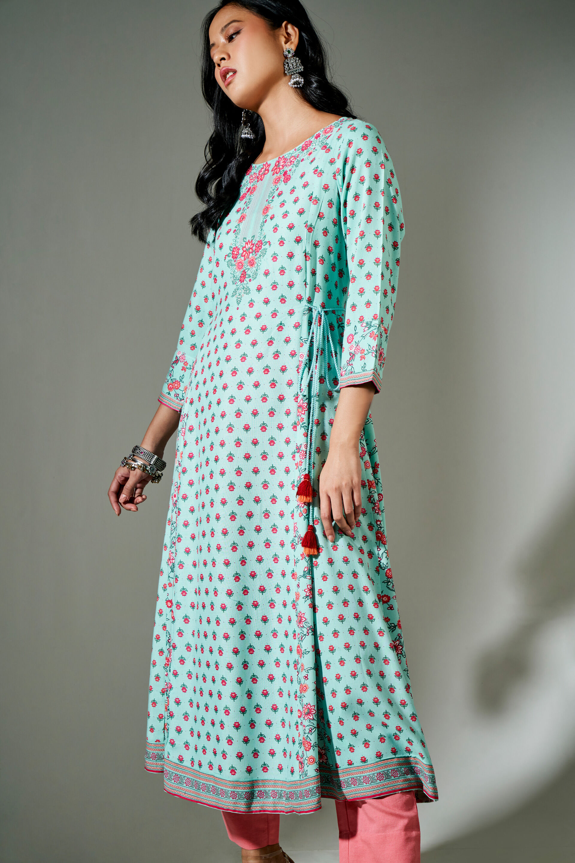 Aqua Floral Printed Kurta, Aqua, image 3